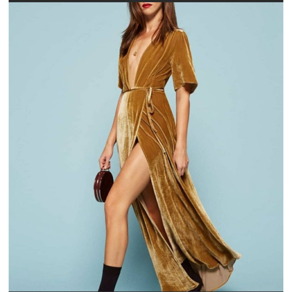 Reformation Tiffany Gold Mustard Velvet Wrap Dress Short Sleeve Maxi sz XS EUC
